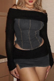 Sexy Solid Color Patchwork Backless Slit Off Shoulder Long Sleeve Two Pieces