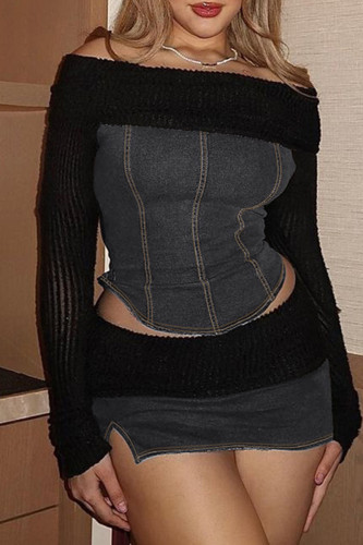 Sexy Solid Color Patchwork Backless Slit Off Shoulder Long Sleeve Two Pieces