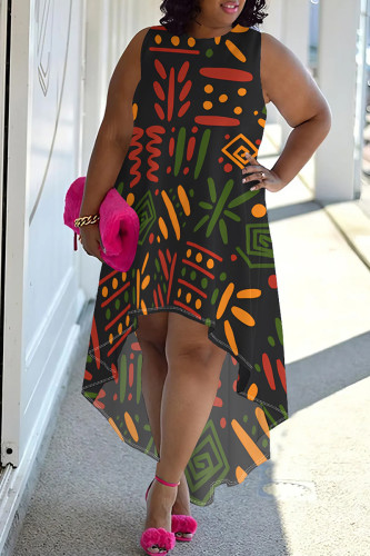 Casual Print Patchwork O Neck Irregular Plus Size Dresses