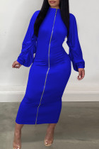 Casual Solid Color Patchwork Zipper Zipper Collar Long Dresses