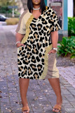 Casual Leopard Print Basic V Neck Short Sleeve Plus Size Dresses
