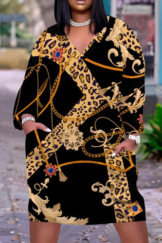 Casual Print Basic V Neck Long Sleeve Plus Size Dresses