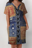 Casual Street Faux Denim Print Pocket Contrast V Neck Printed Plus Size Dresses