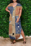 Casual Street Faux Denim Print Pocket Slit V Neck Printed Dresses