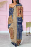 Casual Street Faux Denim Print Pocket Slit V Neck Printed Dresses