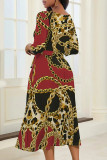 Street Elegant Floral Print Chain print Pocket Lace Up Contrast V Neck Printed Dresses