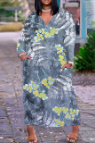 Casual Print Basic V Neck Long Plus Size Dresses