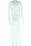 Elegant Solid Color Patchwork See-Through Ruched O Neck Long Dresses