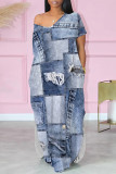 Casual Street Faux Denim Print Pocket Slit V Neck Printed Dresses