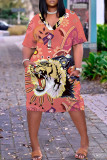 Casual Print Basic V Neck Short Sleeve Plus Size Dresses