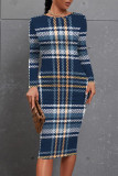 Elegant Plaid Floral Print Contrast O Neck Printed Dresses