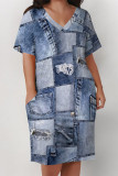 Casual Street Faux Denim Print Pocket Contrast V Neck Printed Plus Size Dresses