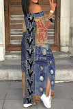 Sexy Street Faux Denim Print Lace Up Slit Off Shoulder Printed Dresses