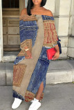 Sexy Street Faux Denim Print Lace Up Slit Off Shoulder Printed Dresses