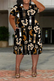 Casual Daily Plaid Floral Print Splashed ink printing Pocket Contrast V Neck Printed Plus Size Dresses
