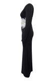 Sexy Formal Patchwork Flowers Backless Slit Oblique Collar Long Dresses