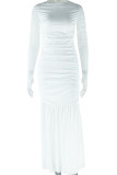 Elegant Solid Color Patchwork See-Through Ruched O Neck Long Dresses