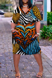 Casual Print Basic V Neck Short Sleeve Plus Size Dresses