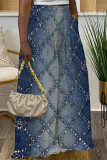 Casual Street Faux Denim Print Pocket Contrast Loose High Waist Wide Leg Full Print Bottoms