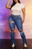 Fashion Casual Solid Ripped Hollowed Out Slit High Waist Regular Jeans