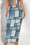 Casual Street Geometric Print Faux Denim Print Contrast Skinny High Waist Full Print Bottoms