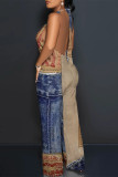 Sexy Street Faux Denim Print Backless Halter Loose Jumpsuits