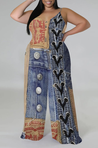 Casual Street Faux Denim Print Contrast V Neck Plus Size Jumpsuits(With a turban)