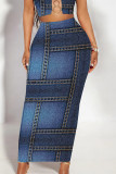 Casual Street Geometric Print Faux Denim Print Contrast Skinny High Waist Full Print Bottoms