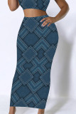 Casual Street Geometric Print Faux Denim Print Contrast Skinny High Waist Full Print Bottoms