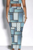 Casual Street Geometric Print Faux Denim Print Contrast Skinny High Waist Full Print Bottoms