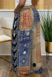 Casual Street Faux Denim Print Pocket Contrast Loose High Waist Wide Leg Full Print Bottoms