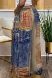 Casual Street Faux Denim Print Pocket Contrast Loose High Waist Wide Leg Full Print Bottoms