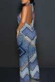 Sexy Street Faux Denim Print Backless Halter Loose Jumpsuits