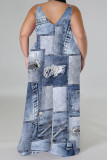 Casual Street Faux Denim Print Contrast V Neck Plus Size Jumpsuits(With a turban)