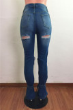 Fashion Casual Solid Ripped Hollowed Out Slit High Waist Regular Jeans