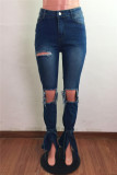 Fashion Casual Solid Ripped Hollowed Out Slit High Waist Regular Jeans