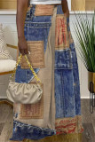 Casual Street Faux Denim Print Pocket Contrast Loose High Waist Wide Leg Full Print Bottoms