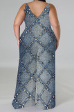 Casual Street Faux Denim Print Contrast V Neck Plus Size Jumpsuits(With a turban)