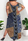 Sexy Street Faux Denim Print Pocket Slit Contrast U Neck Printed Plus Size Dresses