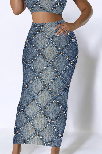 Casual Street Geometric Print Faux Denim Print Contrast Skinny High Waist Full Print Bottoms