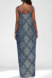 Sexy Street Faux Denim Print Pocket U Neck Printed Dresses