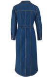 Street Solid Color Buckle Patchwork High Slit Turndown Collar Long Sleeve Straight Denim Dresses