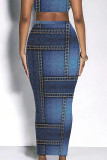 Casual Street Geometric Print Faux Denim Print Contrast Skinny High Waist Full Print Bottoms