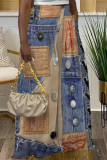 Casual Street Faux Denim Print Pocket Contrast Loose High Waist Wide Leg Full Print Bottoms