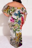 Casual Floral Print Patchwork Off Shoulder Long Plus Size Dresses