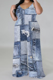 Casual Street Faux Denim Print Contrast V Neck Plus Size Jumpsuits(With a turban)