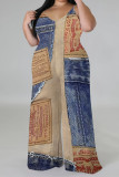 Casual Street Faux Denim Print Contrast V Neck Plus Size Jumpsuits(With a turban)