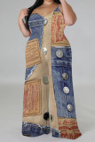 Casual Street Faux Denim Print Contrast V Neck Plus Size Jumpsuits(With a turban)