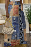 Casual Street Faux Denim Print Pocket Contrast Loose High Waist Wide Leg Full Print Bottoms