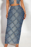 Casual Street Geometric Print Faux Denim Print Contrast Skinny High Waist Full Print Bottoms